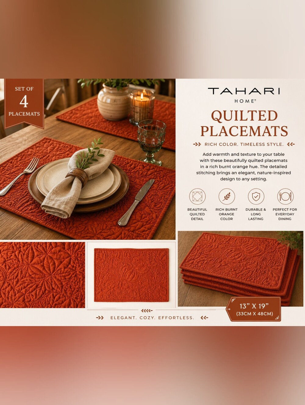 Tahari Rich Burnt Orange Quilted Placemat Set